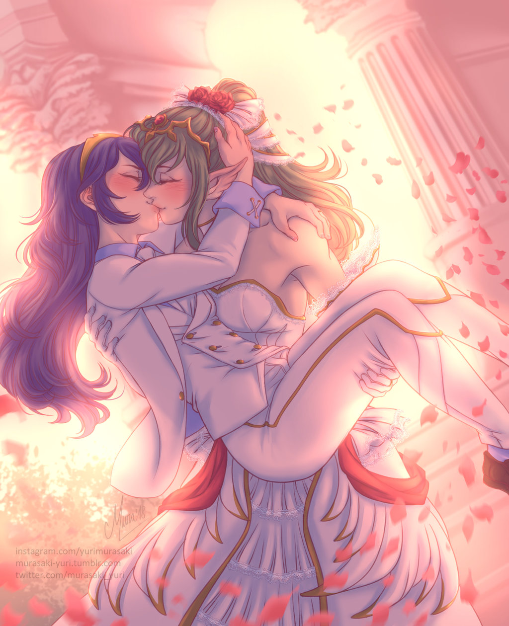 2girls, artist_name, backlighting, blue_hair, blush, carrying, chiki, closed_eyes, commentary, commission, dress, english_commentary, fire_emblem, fire_emblem:_kakusei, fire_emblem:_mystery_of_the_emblem, flower, gem, green_hair, hair_flower, hair_ornament, highres, kiss, long_hair, long_sleeves, lucina, multiple_girls, murasaki-yuri, nintendo, pants, petals, pointy_ears, ponytail, princess_carry, red_flower, signature, stairs, tiara, tuxedo, watermark, web_address, wedding, wedding_dress, white_pants, wife_and_wife, yuri