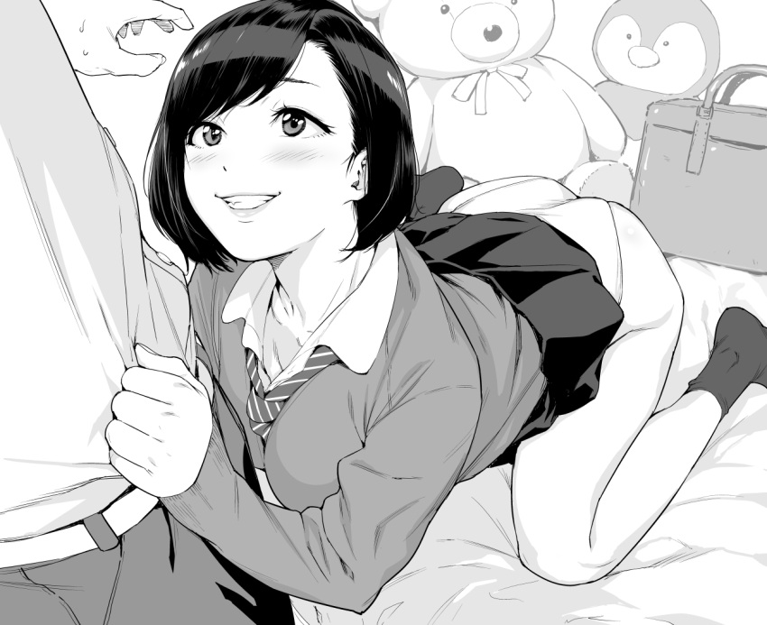1boy, 1girl, all_fours, bag, black_eyes, black_hair, black_legwear, black_skirt