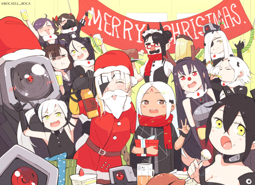 6+girls, agent_(girls_frontline), ahoge, alchemist_(girls_frontline), alcohol, animal_costume, antlers, artist_name, beer, beer_mug, black_hair, blush, boca, cake, destroyer_(girls_frontline), dinergate_(girls_frontline), double_bun, dreamer_(girls_frontline), eating, elisa_(girls_frontline), english_text, executioner_(girls_frontline), eyepatch, fake_beard, fake_facial_hair, fake_mustache, fingerless_gloves, food, fork, garm_(girls_frontline), gas_mask, girls_frontline, glasses, gloves, hat, hunter_(girls_frontline), intruder_(girls_frontline), m16a1_(girls_frontline), merry_christmas, multiple_girls, ouroboros_(girls_frontline), pale_skin, party, reindeer_antlers, reindeer_costume, sangvis_ferri, santa_costume, santa_hat, scarf, turkey_(food), twintails, white_hair