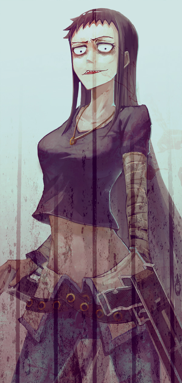 1girl, bags_under_eyes, black_hair, breasts, die_(die0118), highres, jewelry, koumori_kuroko, large_breasts, long_hair, looking_at_viewer, midriff, murcielago, necklace, open_mouth, sharp_teeth, simple_background, solo, teeth