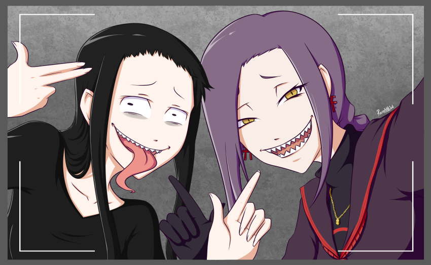 2girls, black_gloves, black_hair, braid, chikujouin_magane, crossover, earrings, finger_gun