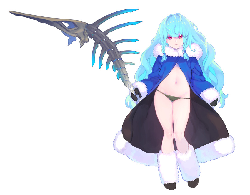 1girl, absurdres, big_hair, black_gloves, black_panties, blue_hair, boots, braid