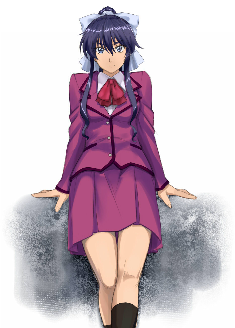 1girl, arm_support, arms_at_sides, bangs, bare_legs, black_footwear, black_hair, blue_eyes
