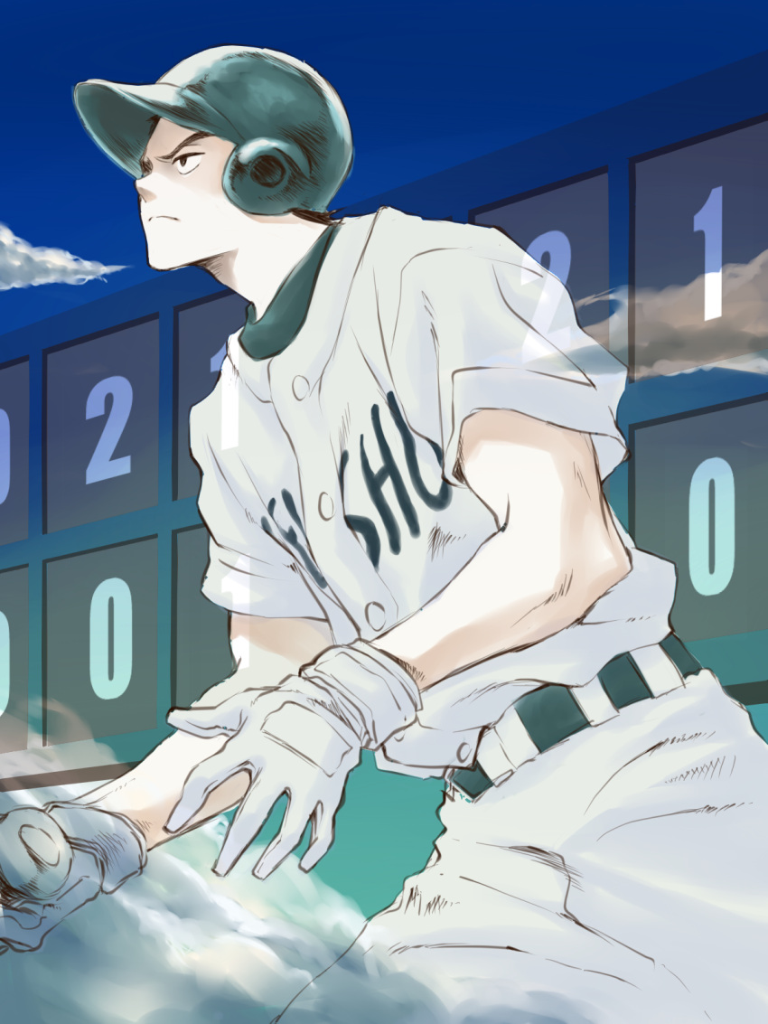 1boy, azuma_yuuhei, baseball_helmet, baseball_uniform, belt, black_eyes, black_hair, blue_sky
