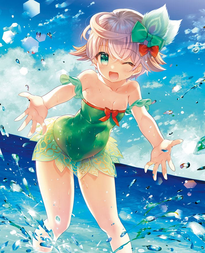 1girl, ;d, ahoge, aisha_(sennen_sensou_aigis), aqua_bow, aqua_eyes, aqua_swimsuit, bad_proportions