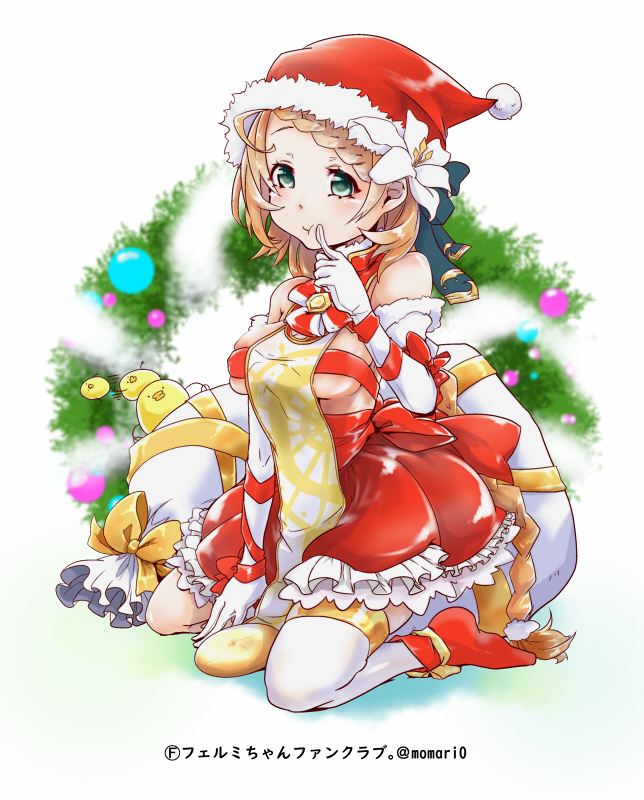 1girl, artist_name, bird, blonde_hair, bow, breasts, christmas, elbow_gloves