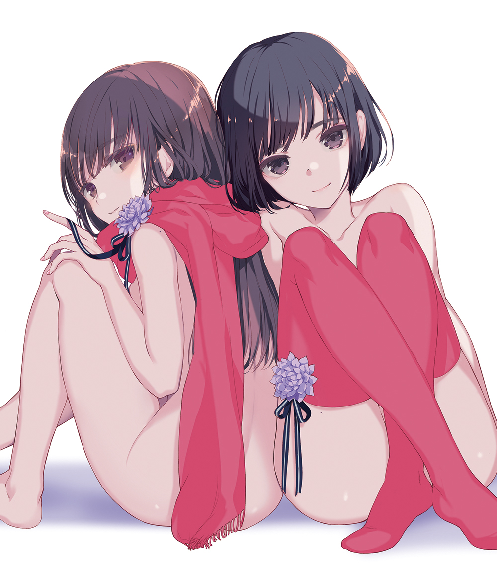 2girls, ass, bangs, barefoot, black_hair, brown_eyes, flower, gin_(oyoyo)