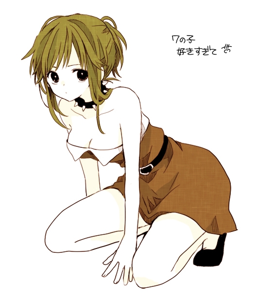 1girl, anzu_(o6v6o), bangs, belt, between_legs, breasts, choker, cleavage