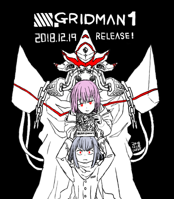 1girl, 2boys, alexis_kerib, anti_(ssss.gridman), black_background, bob_cut, chains, cloak
