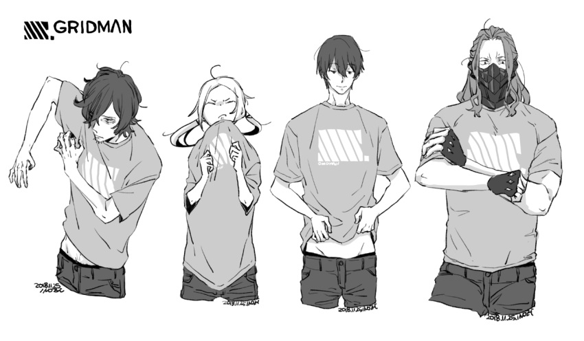 4boys, borr, copyright_name, denim, dressing, fingerless_gloves, gloves, greyscale