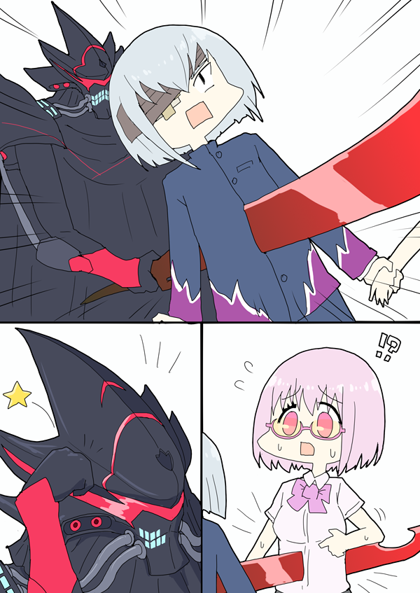 !?, 1girl, 2boys, alexis_kerib, anti_(ssss.gridman), ashitaba_tomorou, bob_cut, bow