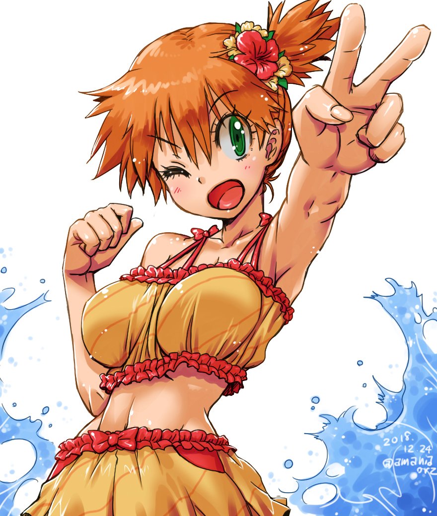 1girl, ;d, amania_orz, bangs, bare_shoulders, bikini, blush, bow