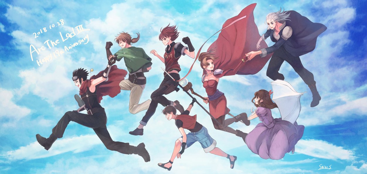 alec_(arc_the_lad), anrietta_rochefort, arc_the_lad, arc_the_lad_iii, breasts, brown_hair, cheryl_(arc_the_lad), cleavage, commentary_request, dress, gloves, long_hair, lutz, marsia_(arc_the_lad), multiple_boys, multiple_girls, polearm, redhead, short_hair, smile, spear, staff, theo, umbrella, velhart, weapon