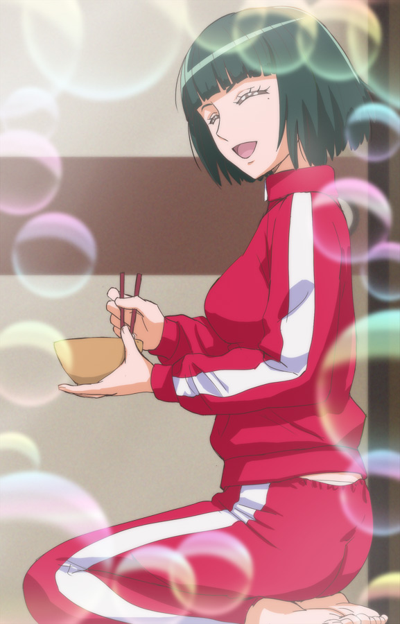 1girl, :d, ^_^, bangs, barefoot, blunt_bangs, bowl, bubble