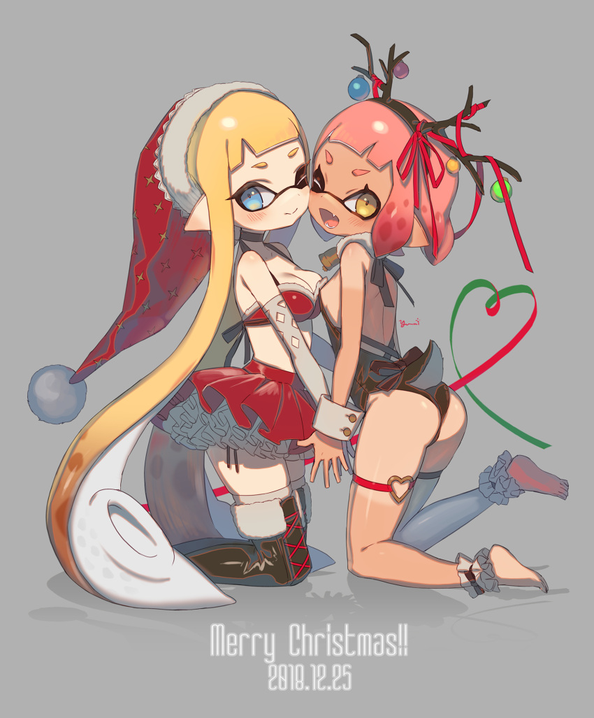 2girls, ;d, ankle_cuffs, antlers, ass, bangs, bare_shoulders, black_choker