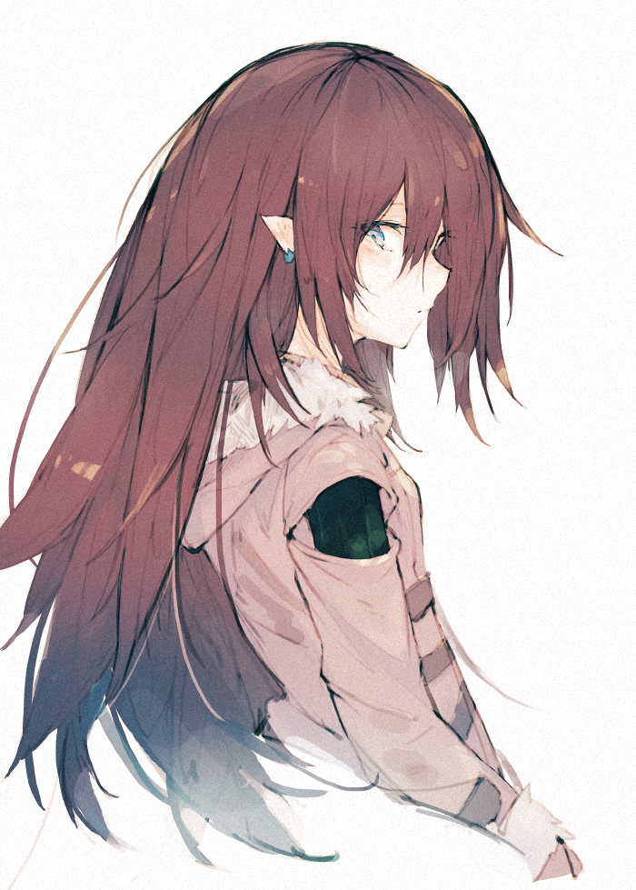 1girl, blue_eyes, brown_hair, commentary, ear_piercing, earrings, expressionless, fur_trim