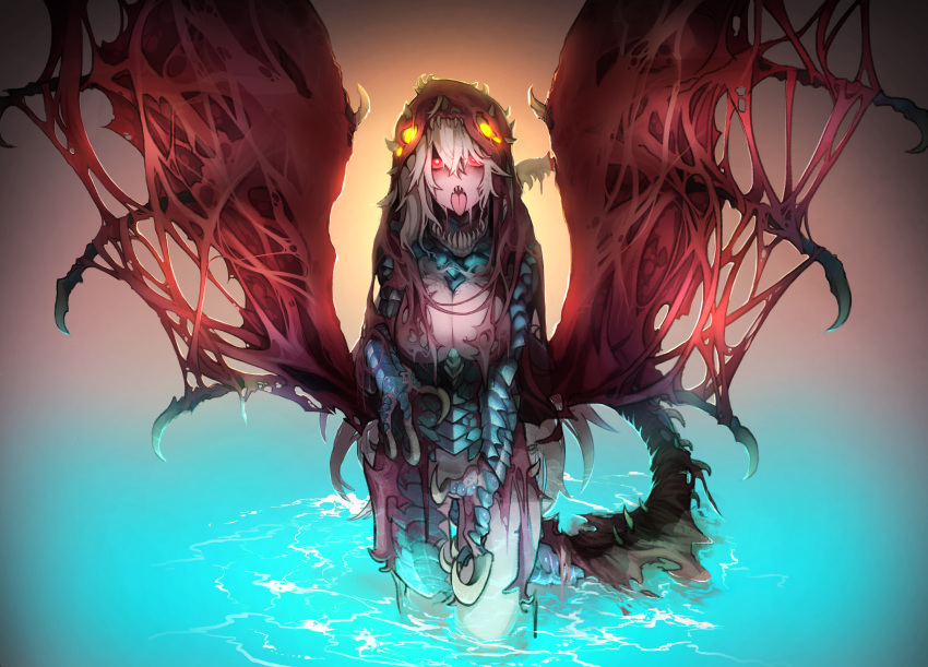 1girl, absurdres, backlighting, breasts, claws, dragon_girl, dragon_tail, dragon_wings