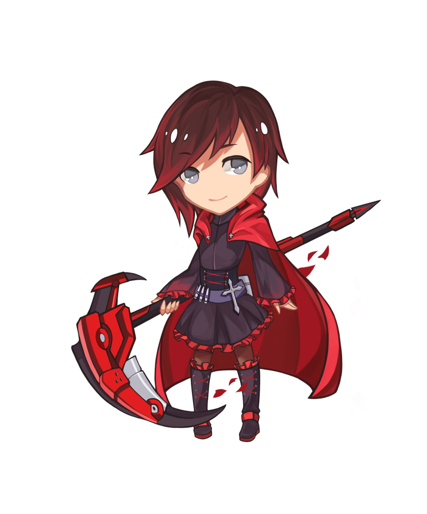 1girl, absurdres, bangs, black_footwear, black_shirt, black_skirt, boots, brown_hair, cape, chibi, frilled_boots, frilled_skirt, frilled_sleeves, frills, full_body, gradient_hair, grey_eyes, highres, holding, holding_scythe, knee_boots, legwear_under_shorts, long_sleeves, looking_at_viewer, m_yin, miniskirt, multicolored_hair, pantyhose, red_cape, redhead, ruby_rose, rwby, scythe, shiny, shiny_hair, shirt, shorts, simple_background, skirt, smile, solo, swept_bangs, two-tone_hair, white_background