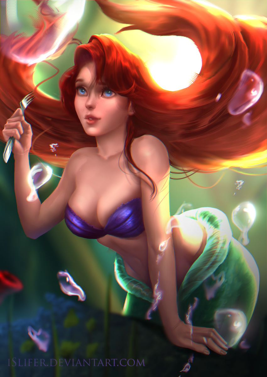 1girl, absurdres, ariel_(disney), bikini, blue_eyes, breasts, bubble, cleavage, collarbone, commentary, disney, english_commentary, fingernails, fork, highres, holding, holding_fork, islifer, large_breasts, lips, long_hair, mermaid, monster_girl, ocean, parted_lips, purple_bikini, redhead, solo, swimsuit, the_little_mermaid, underwater, upper_body, watermark, web_address