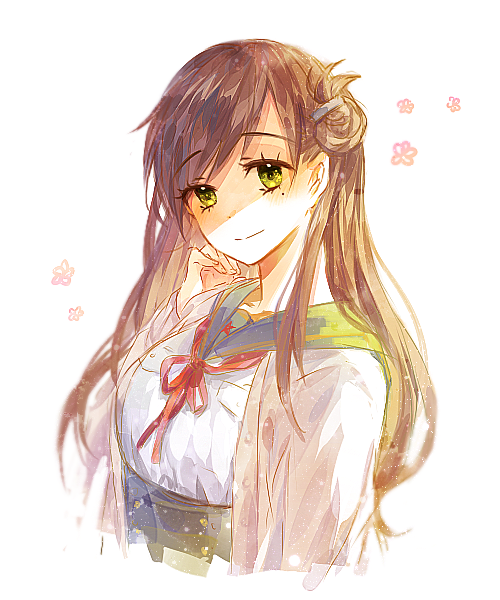 1girl, breasts, brown_hair, eyebrows_visible_through_hair, gakkou_gurashi!, green_eyes, grey_jacket, head_tilt, jacket, large_breasts, long_hair, looking_at_viewer, mint5464, mole, mole_under_eye, neck_ribbon, open_clothes, open_jacket, red_ribbon, ribbon, sailor_collar, shirt, simple_background, smile, solo, standing, tied_hair, upper_body, very_long_hair, wakasa_yuuri, white_background, white_shirt