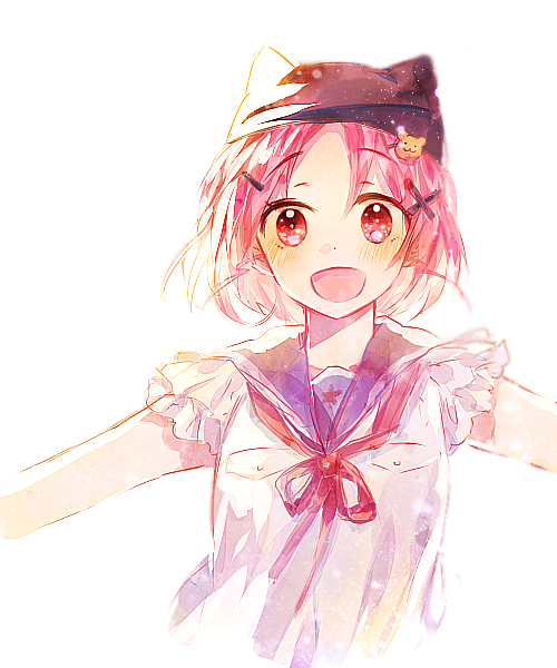 1girl, :d, animal_ears, animal_hood, bear_hair_ornament, black_sailor_collar, blush, cat_ears
