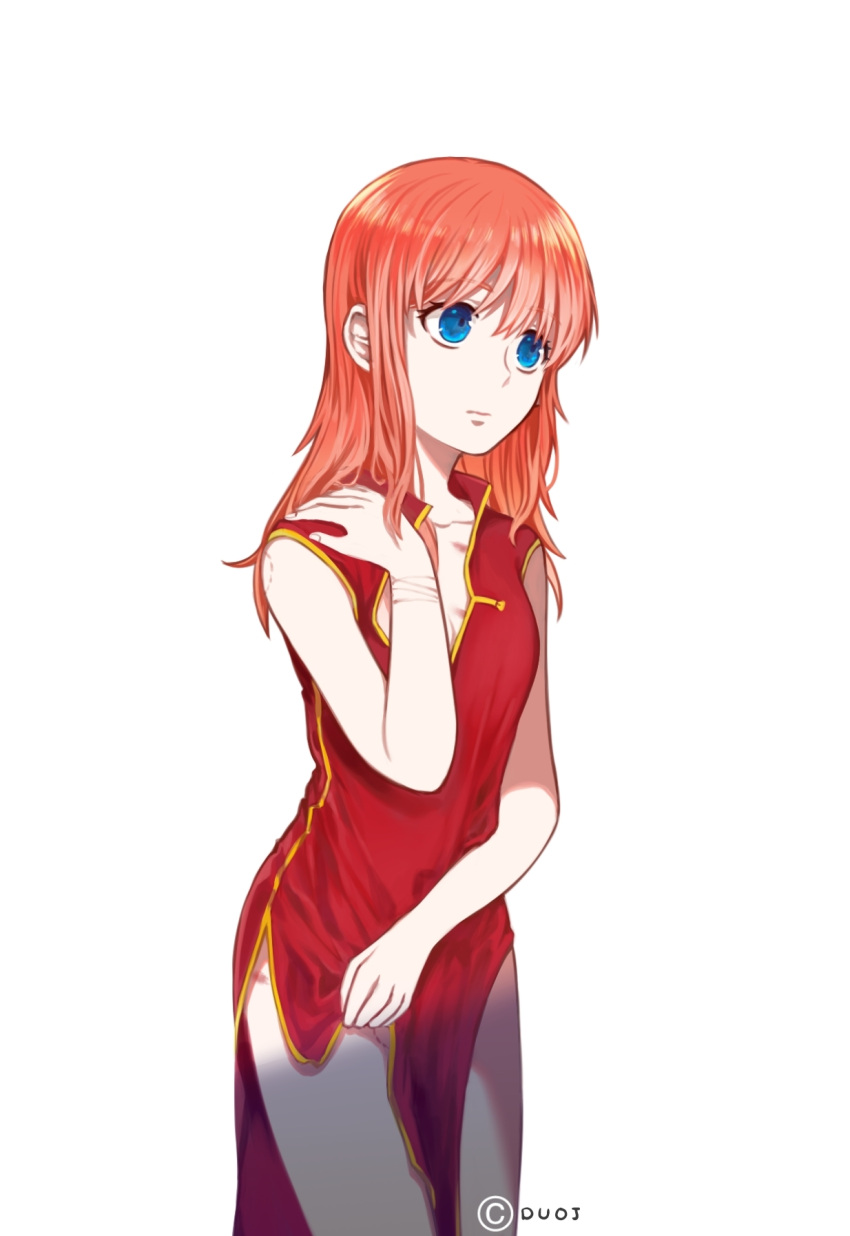 1girl, blue_eyes, breasts, brown_hair, china_dress, chinese_clothes, cleavage, collarbone