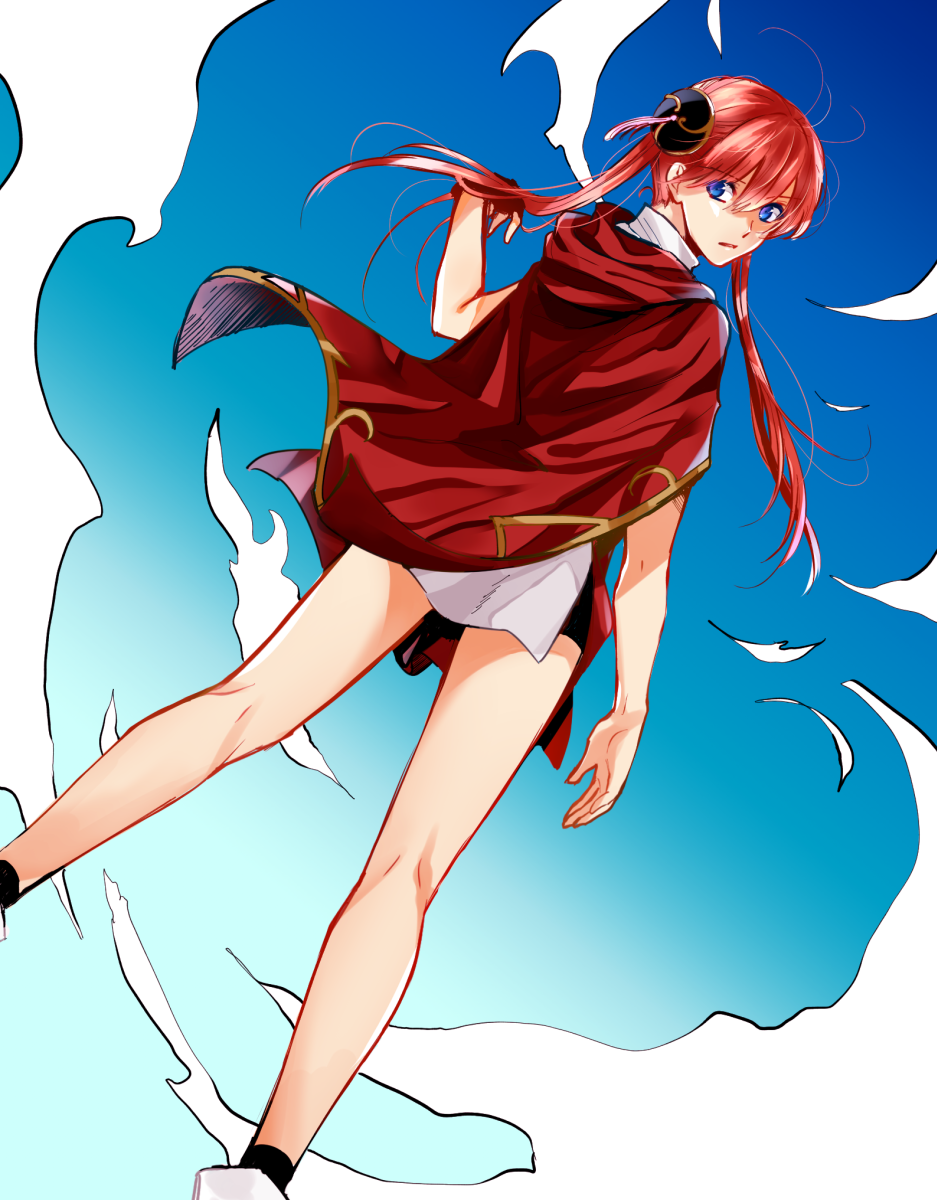 1girl, blue_eyes, blue_sky, cape, eyebrows_visible_through_hair, floating_hair, from_behind, from_below