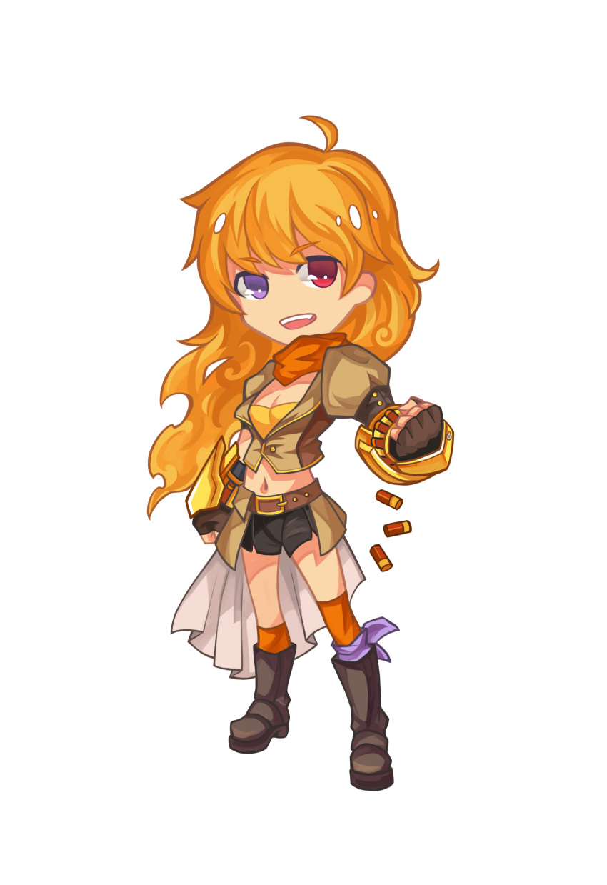1girl, :d, absurdres, ahoge, asymmetrical_legwear, belt, black_shorts, blonde_hair