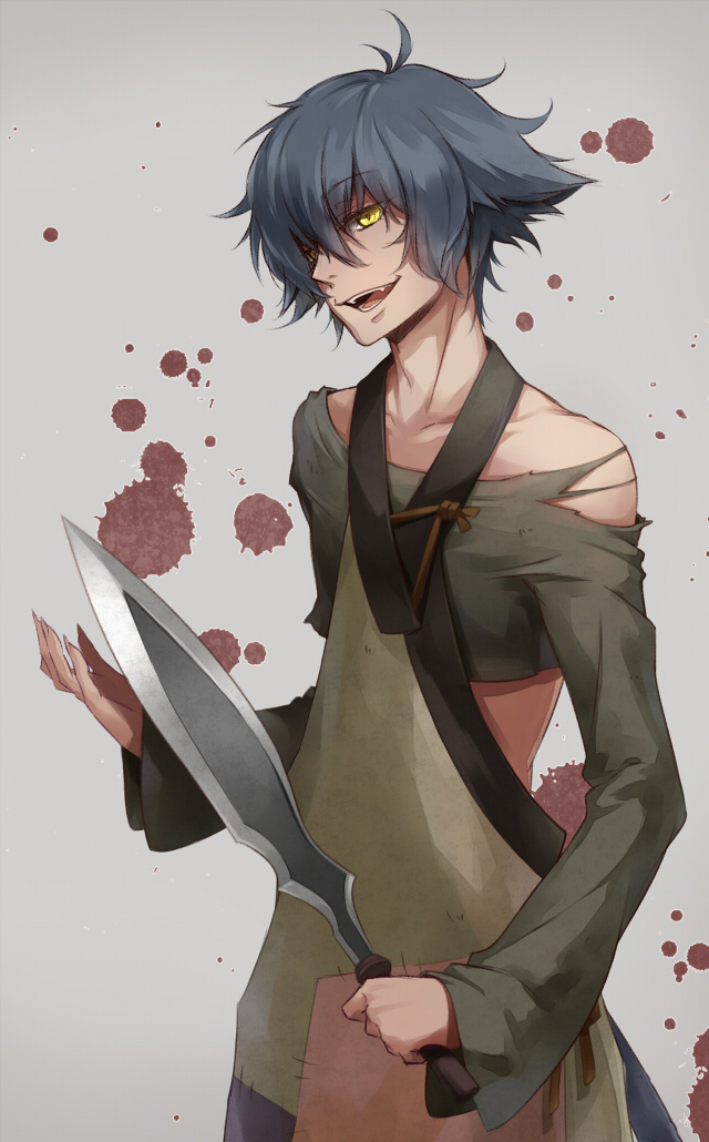 1boy, 3nami73, :d, blood, blood_splatter, collarbone, eyebrows_visible_through_hair, fangs, grey_background, grey_hair, hair_between_eyes, hans_humpty, holding, holding_sword, holding_weapon, long_sleeves, male_focus, open_mouth, rokka_no_yuusha, simple_background, smile, solo, standing, sword, weapon, yellow_eyes