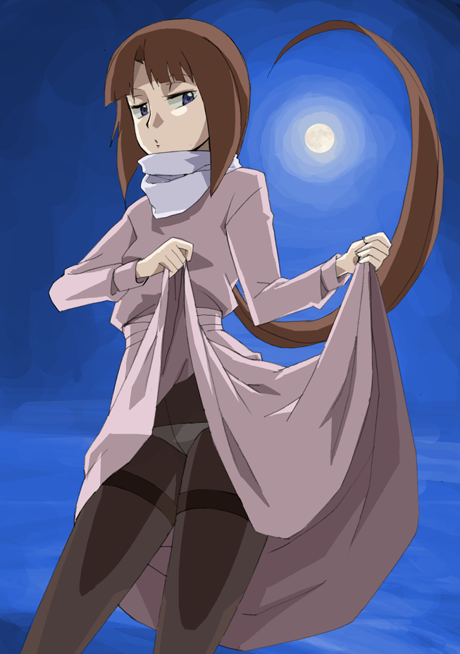 black_legwear, blue_eyes, brown_hair, dress, gundam, gundam_x, jaga_note, panties