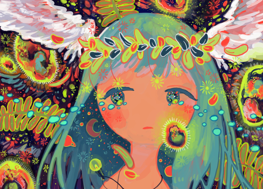 1girl, abstract, absurdres, aqua_hair, bacteria, bangs, crescent_moon, feathered_wings, glowing, head_wings, highres, jewelry, leaf, long_hair, moon, necklace, no_nose, original, planet, plant, portrait, saturn, sizucomaru, solo, white_wings, wings