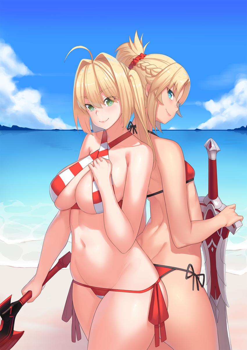 2girls, aestus_estus, ahoge, ass, ass-to-ass, back, back-to-back, bangs, beach, bikini, blue_eyes, braid, breasts, criss-cross_halter, eyebrows_visible_through_hair, fate/grand_order, fate_(series), franham, french_braid, green_eyes, hair_intakes, hair_ornament, hair_scrunchie, halter_top, halterneck, hand_on_own_chest, highres, large_breasts, looking_at_viewer, looking_back, mordred_(fate)_(all), mordred_(swimsuit_rider)_(fate), multiple_girls, nero_claudius_(fate)_(all), nero_claudius_(swimsuit_caster)_(fate), ocean, parted_bangs, ponytail, prydwen, red_bikini, red_scrunchie, scrunchie, side-tie_bikini, sky, smile, stomach, striped, striped_bikini, swimsuit, sword, twintails, waves, weapon