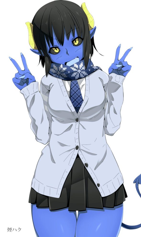 1girl, black_hair, black_sclera, black_skirt, blue_neckwear, blue_scarf, blue_skin, cardigan