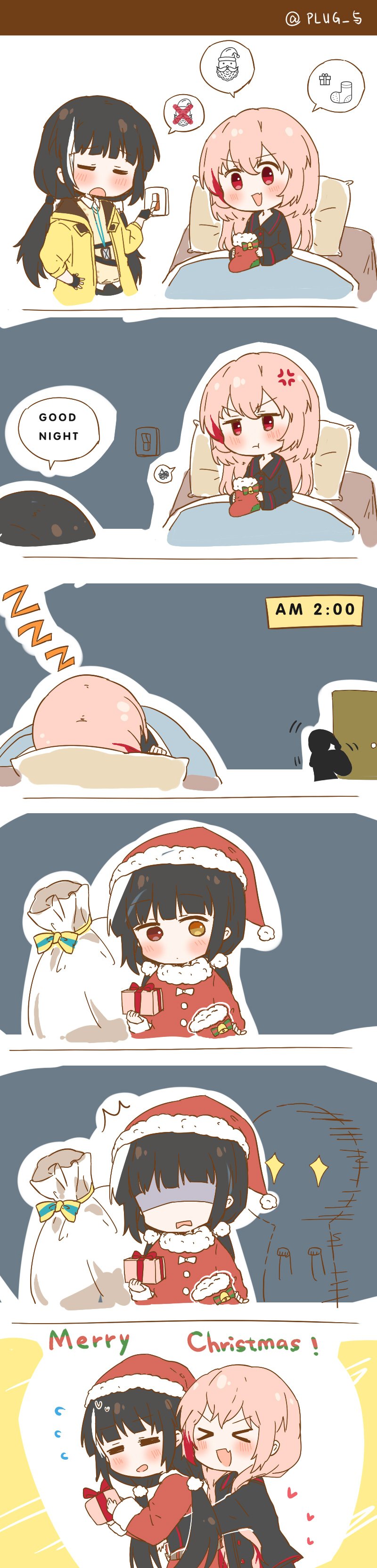 2girls, absurdres, anger_vein, black_hair, box, christmas, english_text, gift, gift_box, girls_frontline, happy, hat, heterochromia, highres, hug, hug_from_behind, long_image, m4_sopmod_ii_(girls_frontline), multiple_girls, orange_eyes, pink_hair, plug_(feng-yushu), pout, red_eyes, ro635_(girls_frontline), sack, santa_costume, santa_hat, sleeping, sweatdrop, tall_image