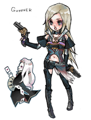 card, cards, celes_chere, chibi, falling_card, final_fantasy, final_fantasy_vi, final_fantasy_x, final_fantasy_x-2, floating_card, gun, gunner, gunner_(final_fantasy), lowres, setzer_gabbiani, thigh-highs, thighhighs, weapon, white_hair