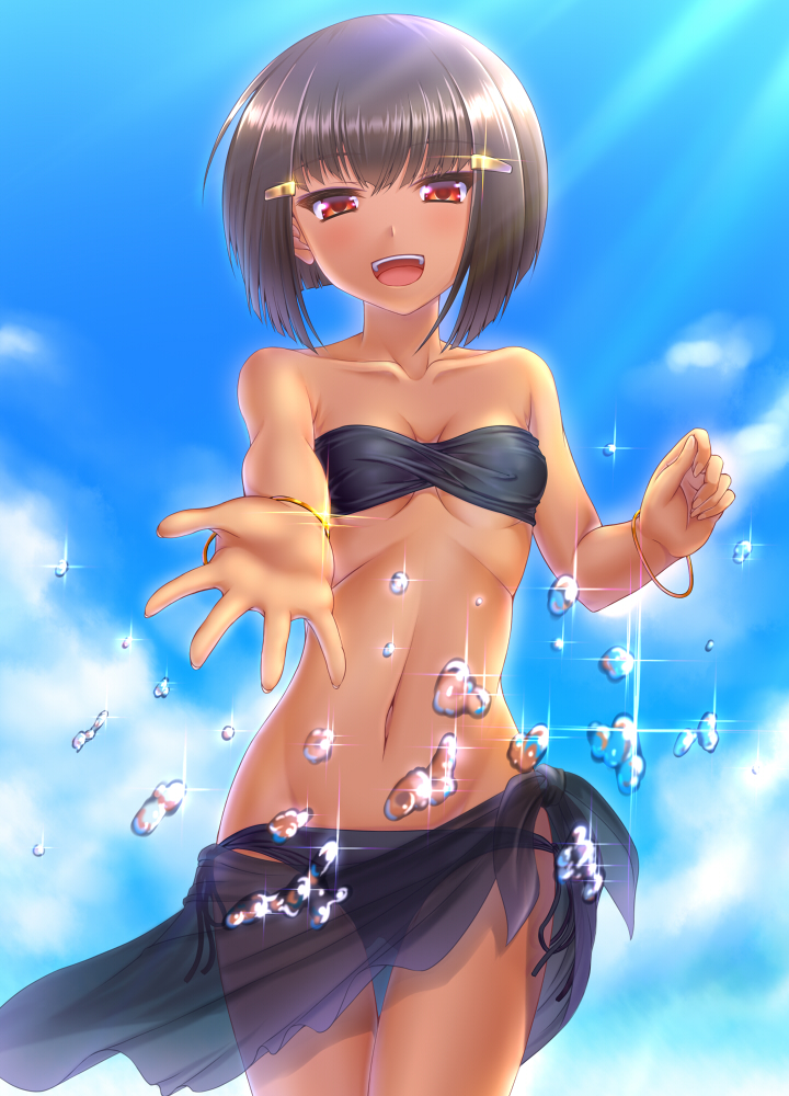 1girl, assal_(sennen_sensou_aigis), bandeau, bangs, bikini, black_bikini, black_hair, bob_cut