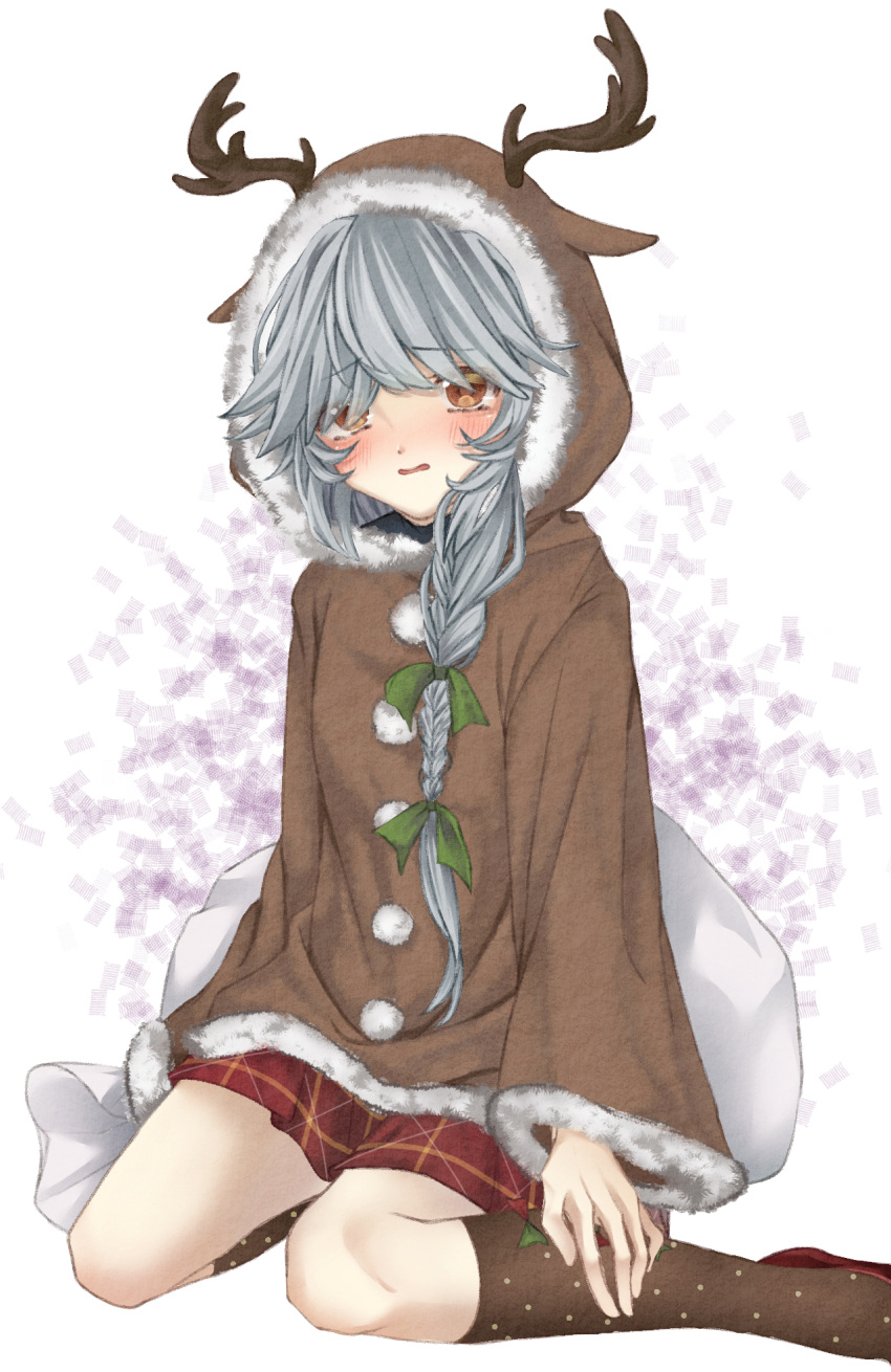 1girl, ahoge, alternate_costume, amane_(axmaxne), animal_costume, animal_hood, antlers, black_sweater