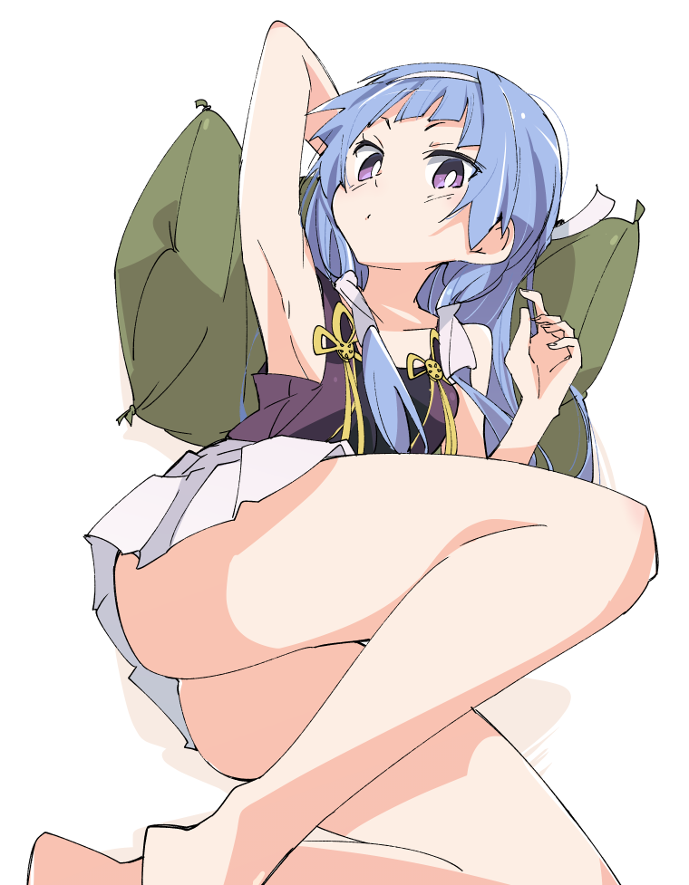 1girl, arm_behind_head, armpits, ass, barefoot, blue_hair, blush, green_pillow