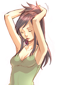 1girl, armpits, breasts, brown_hair, casual, closed_eyes, ema_skye, gyakuten_saiban