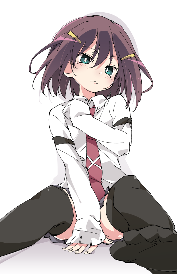 1girl, black_legwear, brown_hair, green_eyes, hair_ornament, hairclip, ixy, necktie