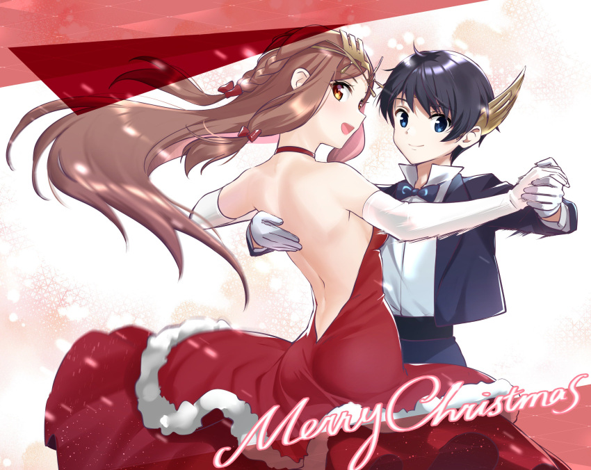 1boy, 1girl, absurdres, ass, back, bangs, bare_shoulders, blush, collarbone, couple, dress, fan_la_norne, feather_hair, formal, gloves, hair_ribbon, hand_holding, highres, hugo_el_superbia, long_hair, looking_at_viewer, niameresp, nintendo, red_dress, ribbon, short_hair, simple_background, smile, suit, tuxedo, white_background, xenoblade_(series), xenoblade_2, xenoblade_2:_ogon_no_kuri_ira, yellow_eyes
