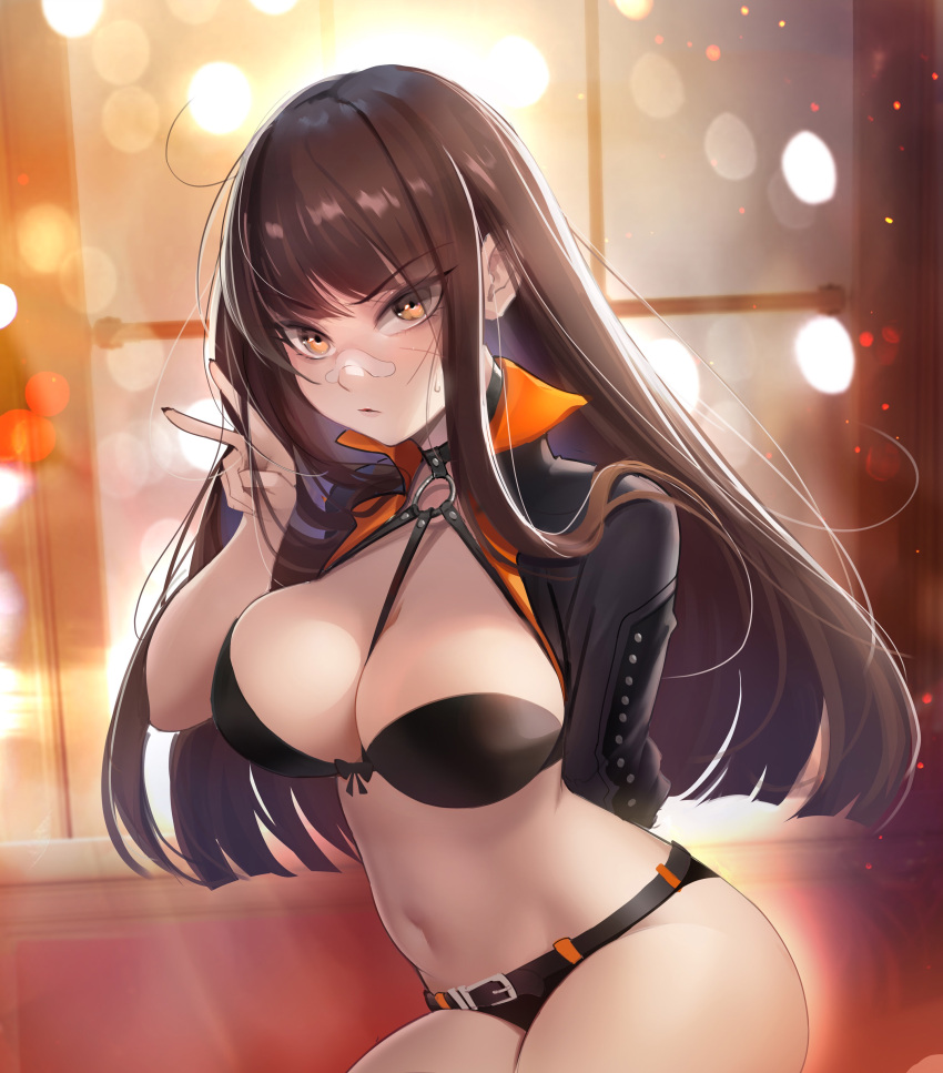 1girl, absurdres, arm_behind_back, bandaid, bandaid_on_nose, bangs, bare_shoulders, belt, between_breasts, bikini, black_bikini, black_jacket, black_nails, brawler_(dungeon_and_fighter), breasts, brown_eyes, brown_hair, choker, dungeon_and_fighter, eyebrows_visible_through_hair, facial_scar, fighter_(dungeon_and_fighter), flute_(artist), front-tie_bikini, front-tie_top, highres, jacket, large_breasts, long_hair, looking_at_viewer, nail_polish, navel, o-ring, o-ring_top, open_clothes, open_jacket, scar, scar_on_cheek, solo, swimsuit, thigh_strap, v, window
