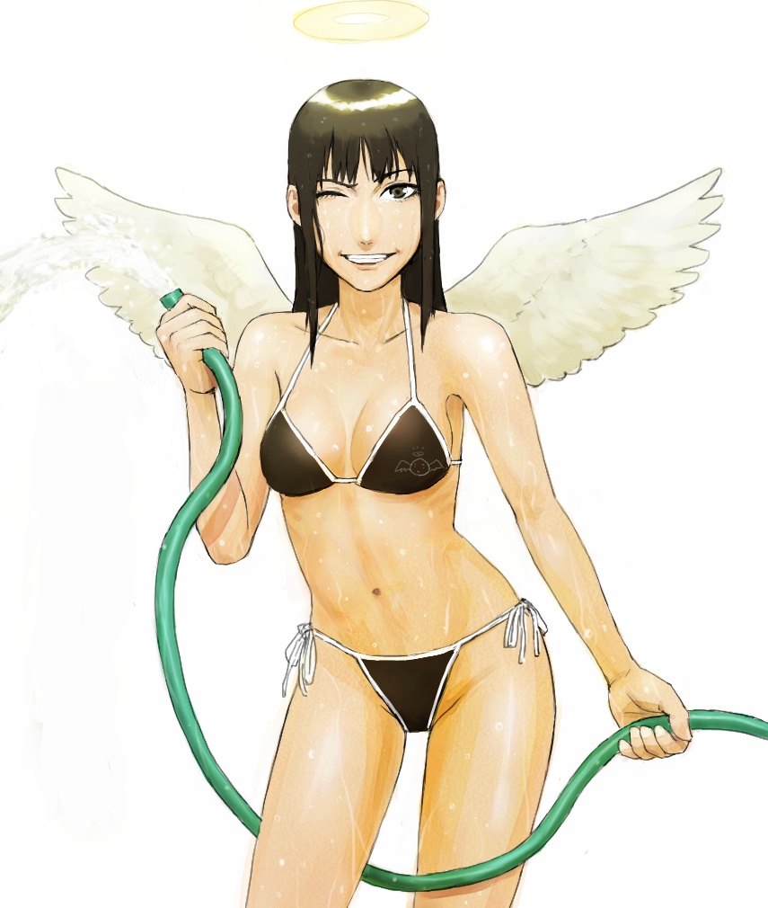 bad_id, bikini, black_eyes, black_hair, haibane_renmei, halo, hose, long_hair