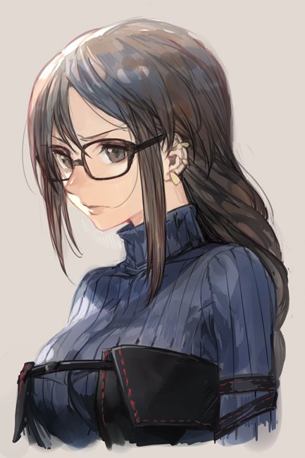 1girl, akuta_hinako, arm_strap, asymmetrical_bangs, bangs, breasts, brown_eyes, brown_hair