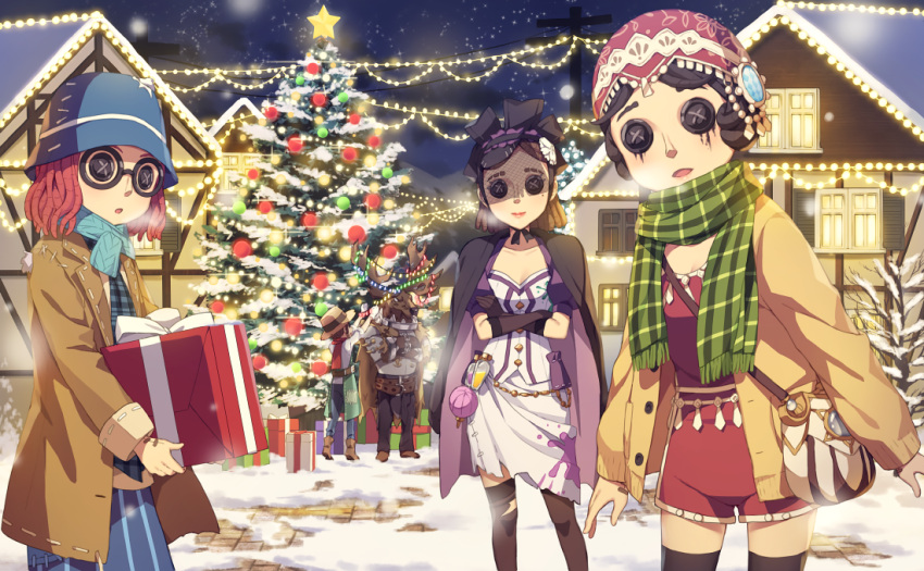 4girls, apron, bag, bangs, bare_tree, black-framed_eyewear, black_hair, black_pants