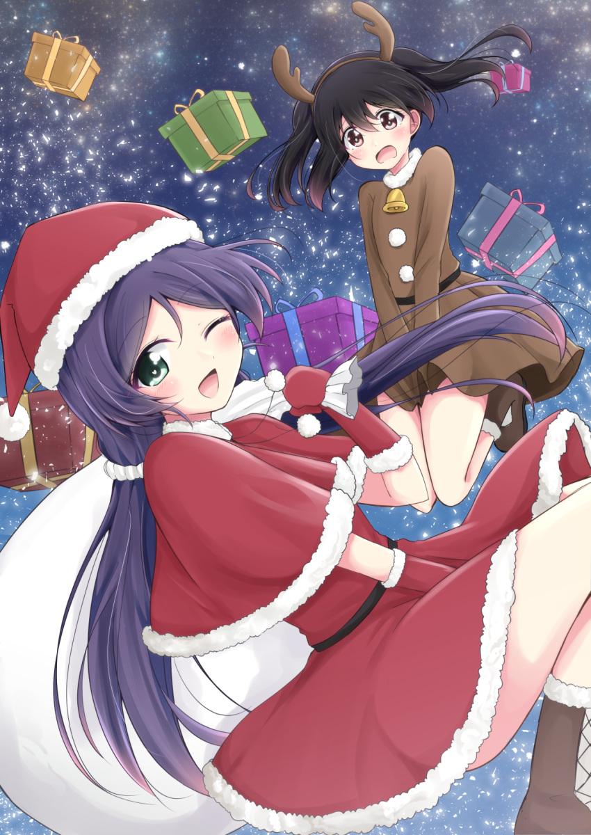 2girls, ;d, antlers, bangs, black_hair, boots, box, brown_dress