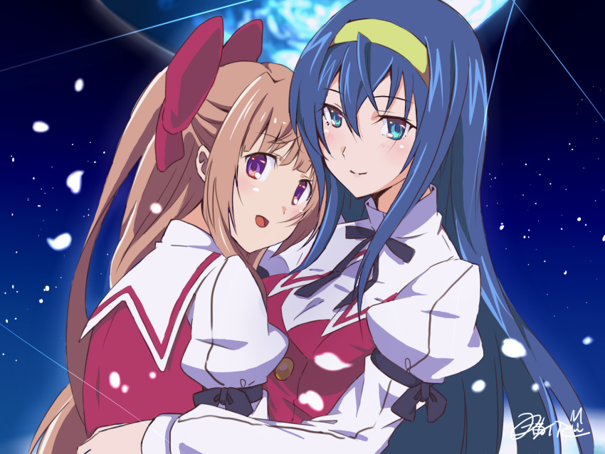 2girls, :d, black_ribbon, blonde_hair, blue_hair, bow, earth, gradient