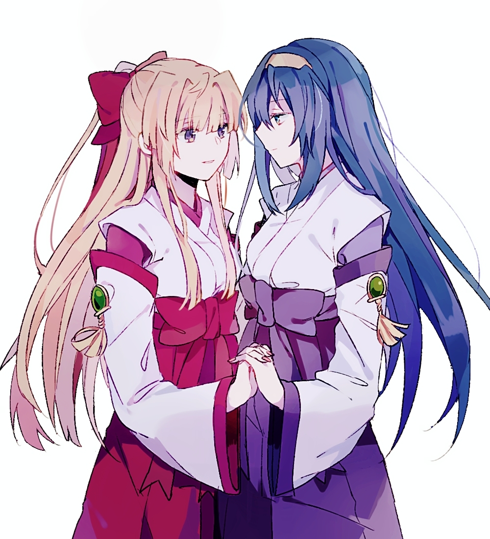 2girls, blonde_hair, blue_eyes, blue_hair, bow, detached_sleeves, hair_bow, hakama, half_updo, hand_holding, himemiya_chikane, interlocked_fingers, japanese_clothes, kannazuki_no_miko, kurusugawa_himeko, long_hair, miko, multiple_girls, nontraditional_miko, profile, purple_hakama, red_bow, red_hakama, sidelocks, very_long_hair, violet_eyes, white_background, wide_sleeves, ye_(pixiv4862539)