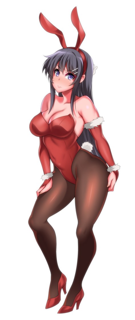 1girl, animal_ears, black_hair, black_legwear, breasts, bridal_gauntlets, bunny_tail, bunnysuit