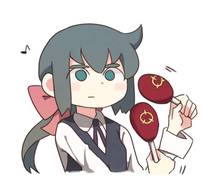 1girl, black_hair, bow, constanze_amalie_von_braunschbank-albrechtsberger, expressionless, green_eyes, hair_bow, holding